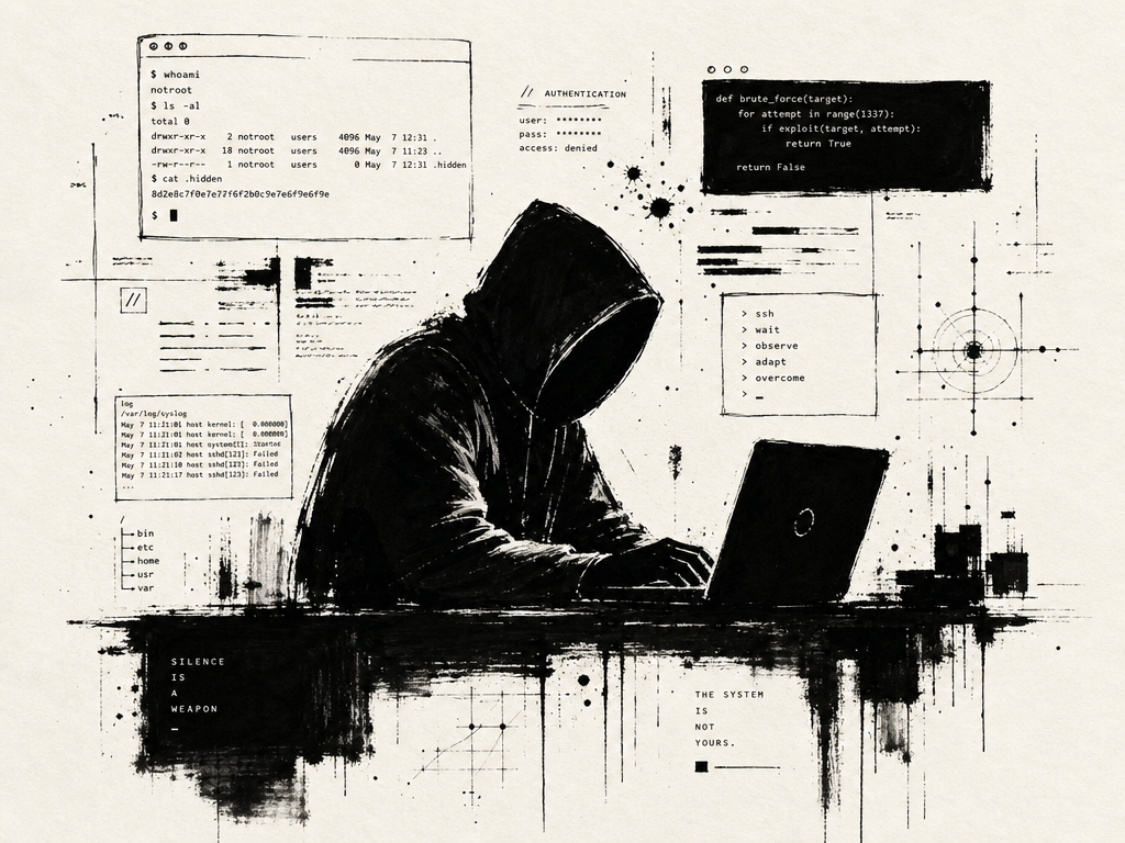 Hand-drawn ink illustration of a hooded figure at a laptop surrounded by terminal windows